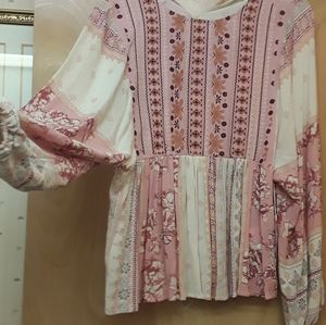 Pink blush Boho embroidered balloon sleeve flowy top Coco+Jaimeson S New Tags